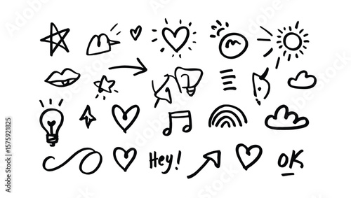 Hand Drawn Black Doodle Icons Set Hearts Stars Arrows Clouds Sun Music Notes Lips Lightbulb