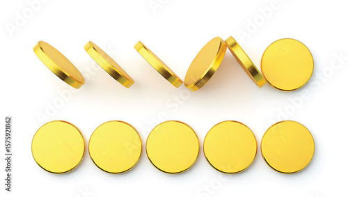 Golden Discs Falling and Arranged in Two Rows on White Background Wealth Concept coins