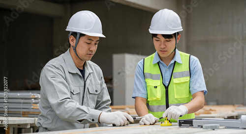 建設現場で若手研修生に技術を指導するベテラン作業員、実践的な学習と知識継承を通じた人材育成の現場風景、教育パートナーシップと職業訓練の象徴的シーン - 生成AI