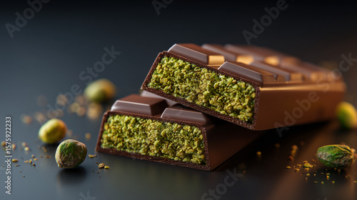 A Dubai chocolate bar split to reveal pistachio cream and kunafa, placed on a matte black surface.
