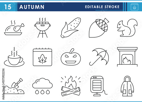 A set of line icons related to Autumn. Rain, cold, enjoy, festival season, warm, rain, BBQ, and so on. Vector editable stroke.