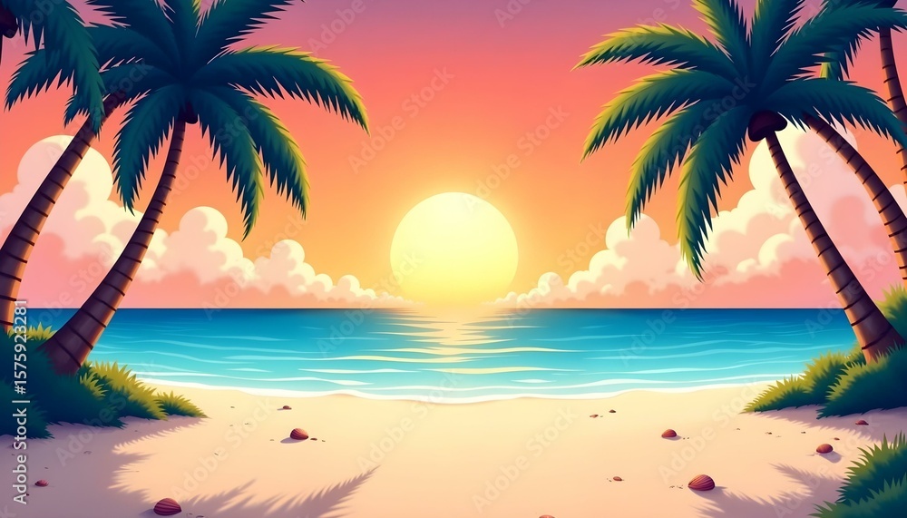 Obraz premium Tropical beach landscape vector illustration, palm trees, white sand, blue sea, summer holiday background, sunny sky, flat design, paradise nature scenery
