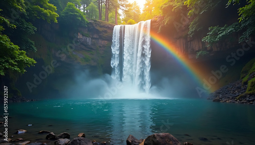 Wallpaper Mural A Majestic Waterfall Cascading into a Turquoise Lake with a Vibrant Rainbow Torontodigital.ca