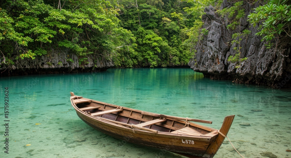 Obraz premium Tranquil lagoon with wooden boat. Lush green foliage surrounds a crystal-clear turquoise waterway, showcasing a simple wooden boat resting gently on the shallow bottom