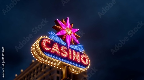 A large casino sign shines brightly at night, attracting visitors to a lively entertainment hub filled with games, dining, and nightlife in a popular city location.
