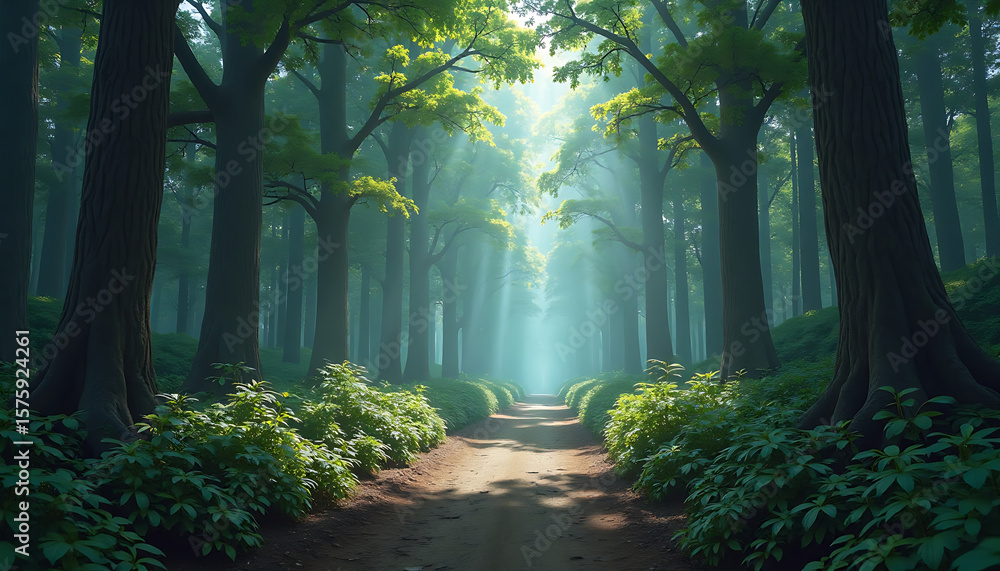 Naklejka premium Lush Forest Path: Sunlight Streams Through Trees in a Serene Landscape