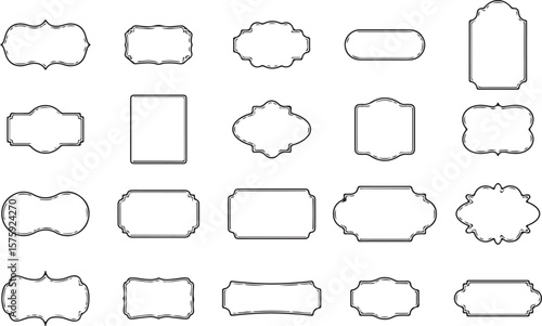 Label and Badge Outline Vector Set – Frames, Tags, Vintage, Shape, Nameplate, Decorative, Hand-Drawn, Border, Black and White