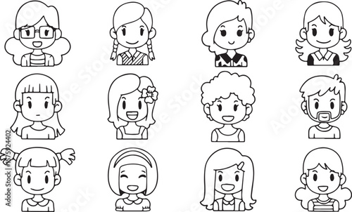 Cute Avatar Faces Vector Set – Children Characters, Hand-Drawn, Emotions, Line Art, Cartoon, Black and White, Expressions