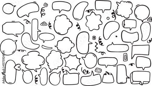Hand-Drawn Speech Bubbles Collection – Comic Style, Doodle, Dialog, Message Frame, Talk Icon, Text Box, Black and White