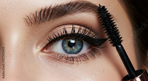 Close-up of a woman's eye with mascara being applied, highlighting perfectly shaped eyebrows and long lashes.