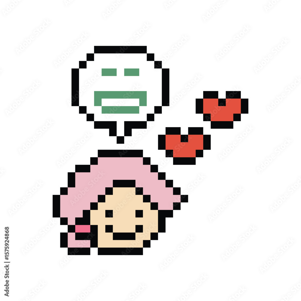 Fototapeta premium Cute pixel cartoon 8bit character woman lady feel love happy happiness heart emotion decoration in love 8 bit female girl happy favorite enjoy like mood game isolated PNG vector.