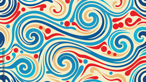 Abstract swirls in blue red and beige creating a dynamic and visually appealing background pattern design