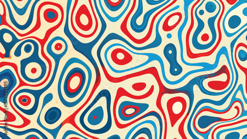 Abstract background with red and blue amoeba like shapes on a light cream colored canvas style texture