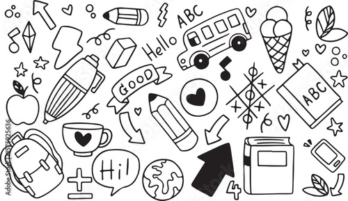 School Supplies Doodle Set – Education, Stationery, Back to School, Kids Icons, Books, Pencil, Bag, Apple, Hand-Drawn, Black and White