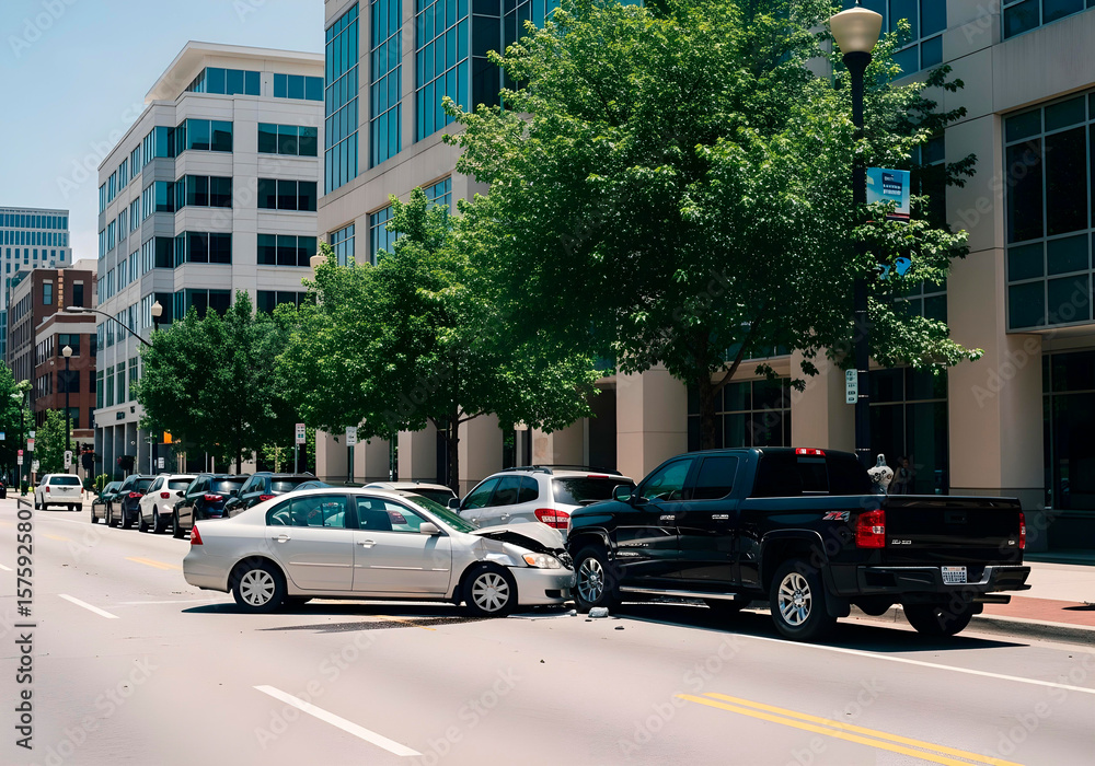 Fototapeta premium Two cars collided on a city avenue. Urban accident scene with damaged vehicles, traffic, and dramatic atmosphere. Captures real-life danger and urgency in an everyday setting.