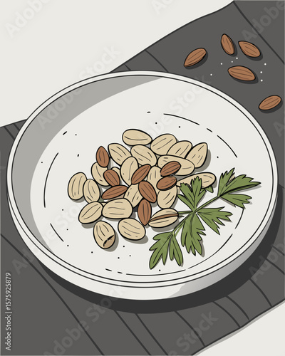 Vector illustration of roasted peanuts with parsley on white ceramic plate
