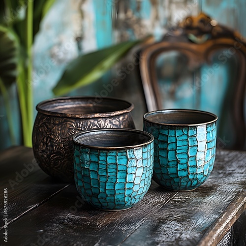 Teal and Bronze Decorative Pots Rustic Home Decor
