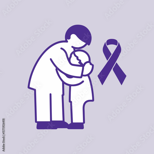World Alzheimer’s Day Vector Badge with Brain Maze, Neuron Network, and Caregiver Silhouette – Flat Purple Solid Color Design for Awareness and Support