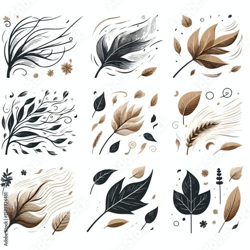 image of wind blowing carrying dry leaves with a simple and minimalist flat design using a white background
