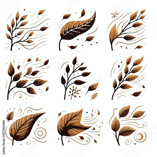 image of wind blowing carrying dry leaves with a simple and minimalist flat design using a white background