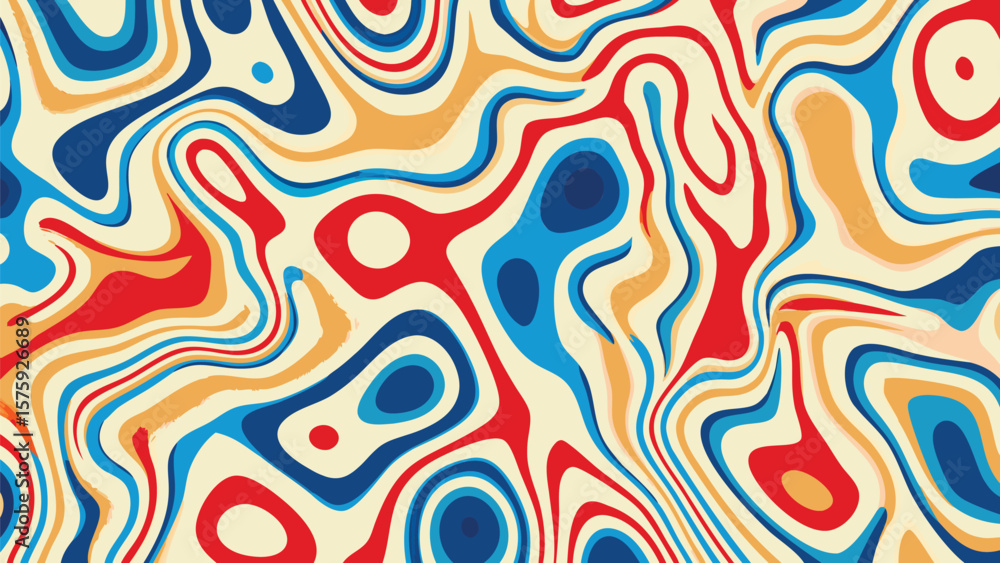 Abstract colorful pattern featuring wavy lines and shapes in red blue and tan color palette design Abstract colorful pattern featuring wavy lines and shapes in red blue and tan color palette design