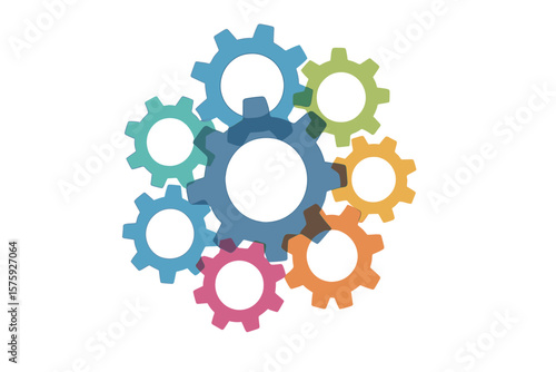 Interconnected Colorful Gear Wheels, Abstract Mechanical Cogwheel System, Collaboration, Engineering Concept, Teamwork, Process Integration, Vector Illustration, Transparent Background