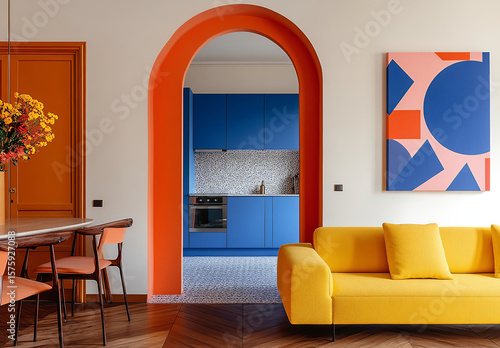 Cheerful interiors: bold color combinations like orange, yellow, and blue create a dynamic and inviting environment.