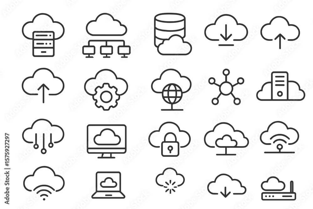 Cloud computing technology line icon set. Collection of linear web service and network symbols. Vector icons for server, database, hosting, download, upload, and data storage. Cloud computing technology line icon set. Collection of linear web service and network symbols. Vector icons for server, database, hosting, download, upload, and data storage.