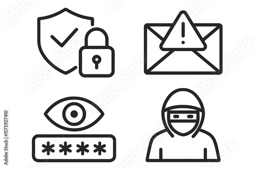 Cyber security vector icon set. Internet data protection. Hacker, spam, password, shield. Online threat, phishing, scam, thief, spyware concept. Line style web security icons.