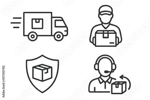 Delivery and logistics icon set. Shipping thin line symbols for web and mobile apps. E-commerce, express courier, package protection, cargo transport, customer support.
