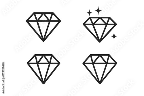 Diamond Icon Set. Outline Gemstone Vector Collection. Minimalist Luxury Crystal Line Art. Sparkling Jewels, Brilliant Cut, Elegant Jewelry Symbol, Clean Black Linear Design, Transparent Background