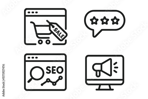 Digital marketing and e-commerce line icon set. Concepts for online sales, SEO optimization, customer feedback and ratings, and digital advertising campaign promotion.