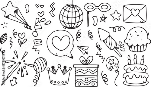 Birthday Party Doodle Vector – Cake, Heart, Balloon, Gift, Party, Fun, Celebration, Confetti, Hat, Event, Candle, Sketch, Hand-Drawn, Festive, Icon Set
