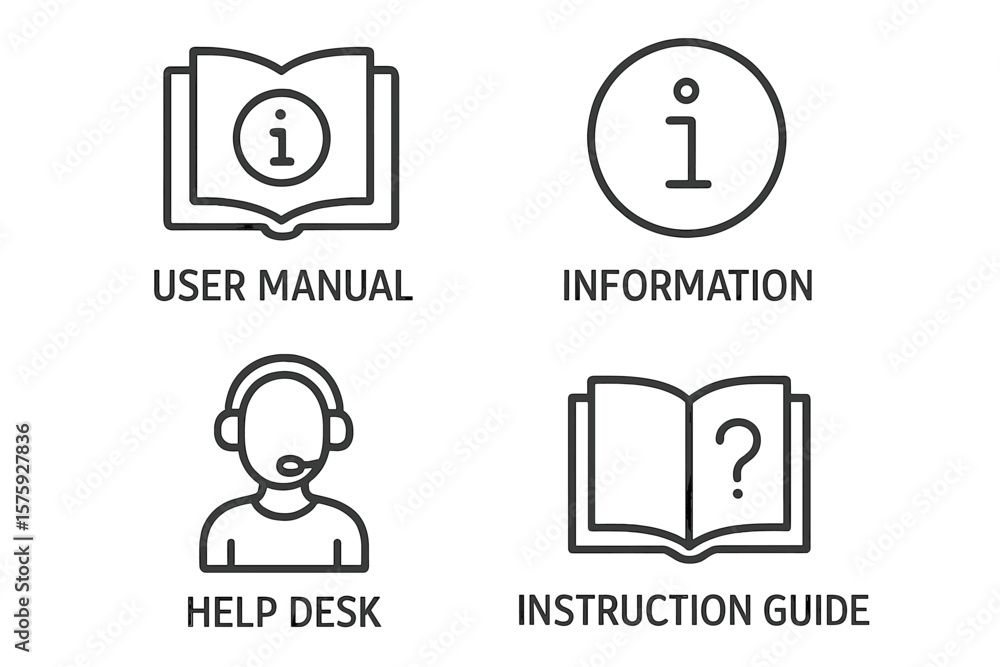 Information icon set. User manual, instruction guide, help desk. Line style symbols for web and mobile app. Customer support, contact us, FAQ, reference book, guidance. Information icon set. User manual, instruction guide, help desk. Line style symbols for web and mobile app. Customer support, contact us, FAQ, reference book, guidance.