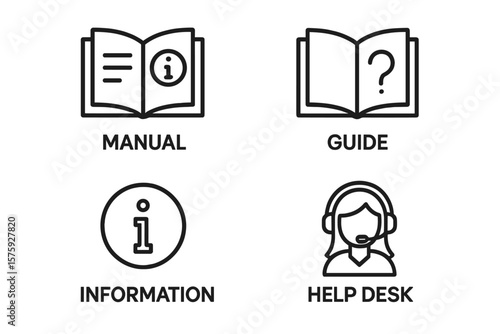 Information and help desk line icon set. User manual, instruction, guide for web and mobile app. Customer support, FAQ, operator, and user assistance vector symbols.