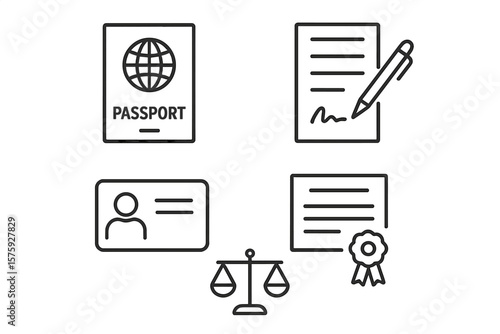 Legal documents line icon set. Vector symbols of law, justice, id card, passport, certificate, license, contract signing. Identity verification and agreement concept.