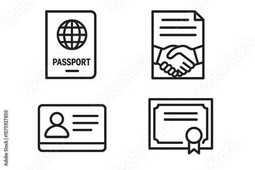 Legal documents icon set in thin line style. Passport, contract, agreement, ID card, license, certificate. For business, law, identification, verification, official paperwork concepts.