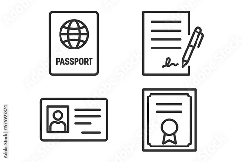 Legal documents line icon set. Official paper vector collection. Contract signing, passport, ID card, driver's license, certificate or diploma concepts for law and identity.