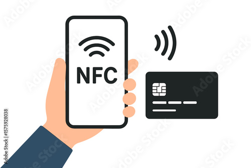 NFC technology contactless payment illustration. Hand holding smartphone with NFC wireless symbol, credit card, near field communication, mobile wallet, tap to pay, digital transaction