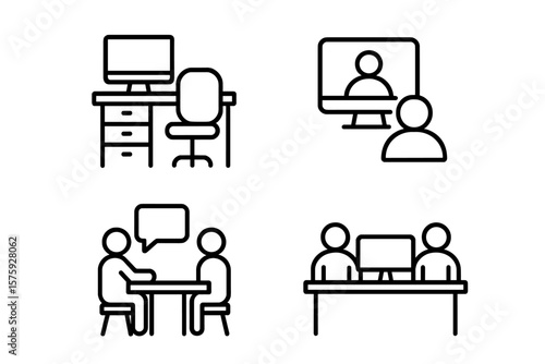 Office Workspace and Coworking Icons Set. Line Style Web Icons for Office, Remote Work, Video Call, Meeting, Coworkers, Desk, Workspace, Collaboration, Communication, Teamwork