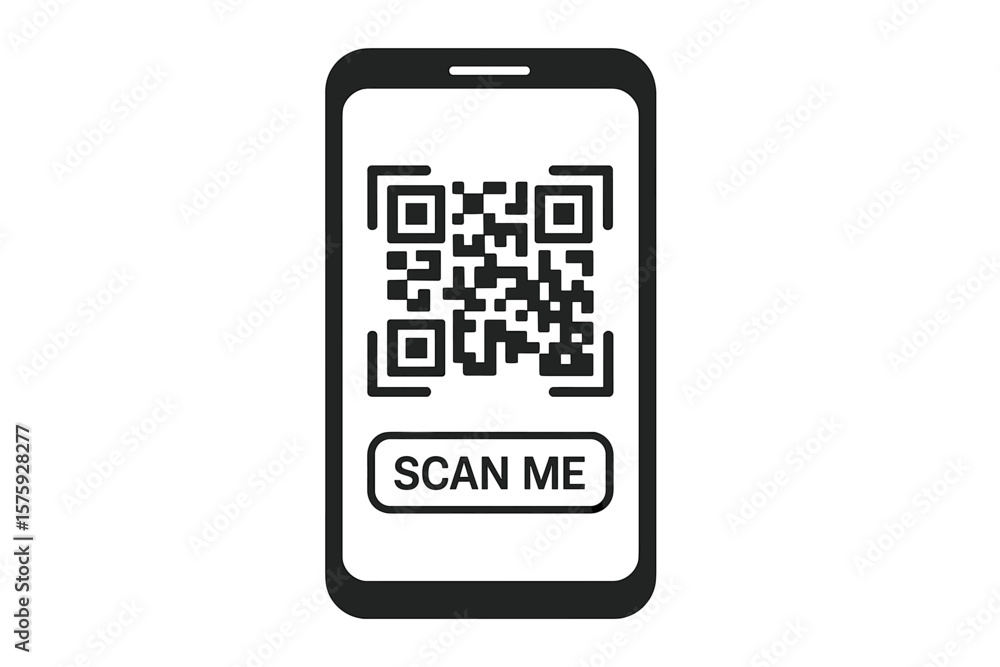 QR Code Scan Mobile Icon. Smartphone with QR Code and Scan Me Button. Digital Payment, Barcode, Quick Response Code, Contactless Transaction, Mobile App Template, Discount Voucher, Touchless Checkout QR Code Scan Mobile Icon. Smartphone with QR Code and Scan Me Button. Digital Payment, Barcode, Quick Response Code, Contactless Transaction, Mobile App Template, Discount Voucher, Touchless Checkout
