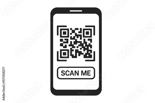 QR Code Scan Mobile Icon. Smartphone with QR Code and Scan Me Button. Digital Payment, Barcode, Quick Response Code, Contactless Transaction, Mobile App Template, Discount Voucher, Touchless Checkout