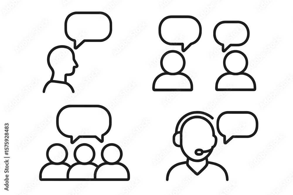 Communication and Speech Bubble Line Icons Set. People Talking, Discussion, Teamwork, Customer Support, Group Conversation. Web, Mobile App, Chat, Dialogue, Outline Vector Communication and Speech Bubble Line Icons Set. People Talking, Discussion, Teamwork, Customer Support, Group Conversation. Web, Mobile App, Chat, Dialogue, Outline Vector