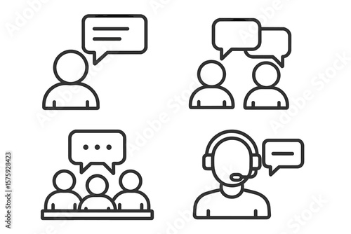 Communication and Conversation Line Icons Set. People Talking, Team Discussion, Speech Bubbles, Customer Support, Group Chat, Dialogue, Meeting, Line Style Web Icons