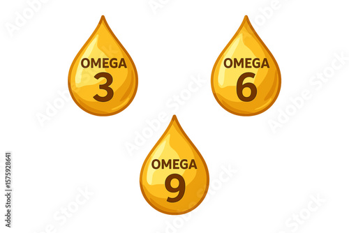 Omega 3 6 9 Polyunsaturated Fatty Acids Gold Drops Icon Set. Healthy Nutrition, EPA, DHA, Essential Omega Fatty Acids, Supplement, Diet, Wellness, Vector Illustration