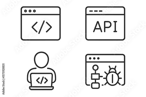 Web development icons set. Line style vector icons for coding, API, programmer, bug fixing, software development, app interface, workflow, node connection, web coder, debugging, developer tools