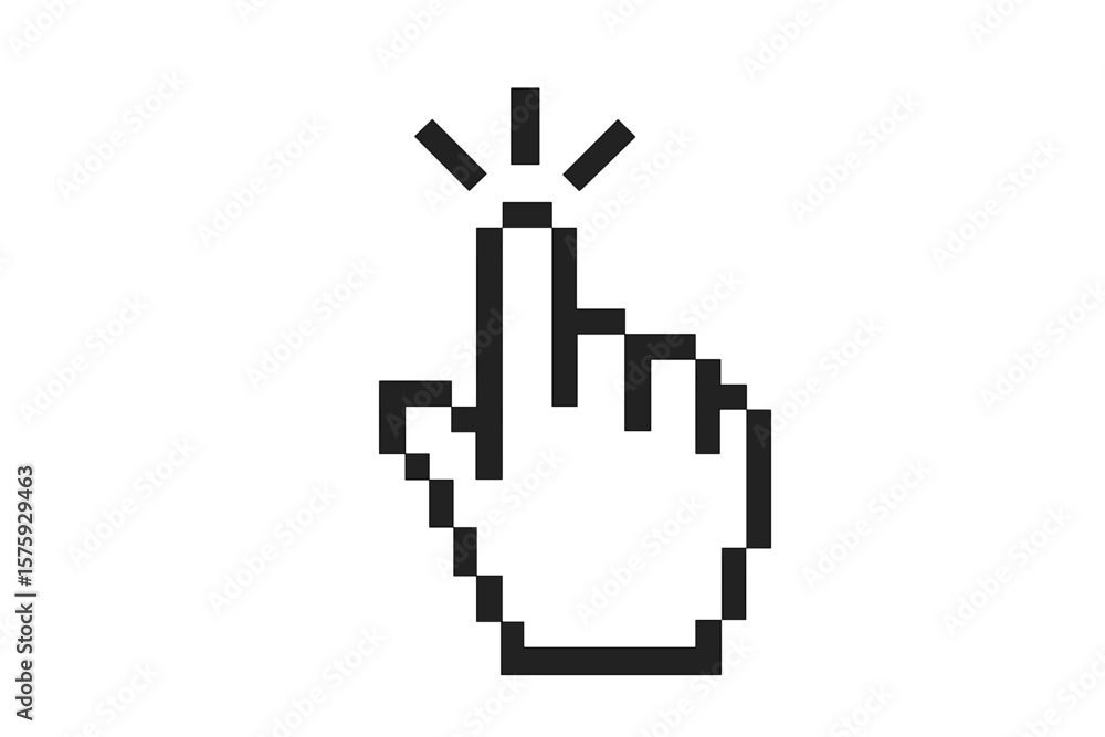 Hand cursor pointer icon in pixel style. Clicking finger. Computer mouse click symbol. Press or select button for web. Vector illustration isolated on white background.