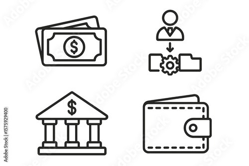 Set of 4 business and finance web icons in line style. Money, cash, bank, wallet, payment, and business process concept icons for web and mobile app development vector.