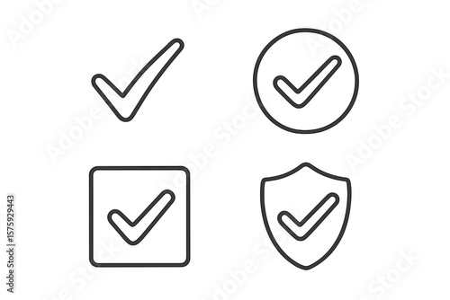 Check mark vector icon set. Line art style symbols. Tick sign in circle, square and shield. Approve, success, quality, security, verified concepts. Web, mobile UI UX.