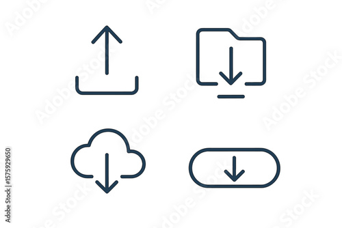 Upload and download web icons set. Modern thin line style collection with cloud storage, folder, arrow, and button symbols for UI and UX design and data transfer concepts.